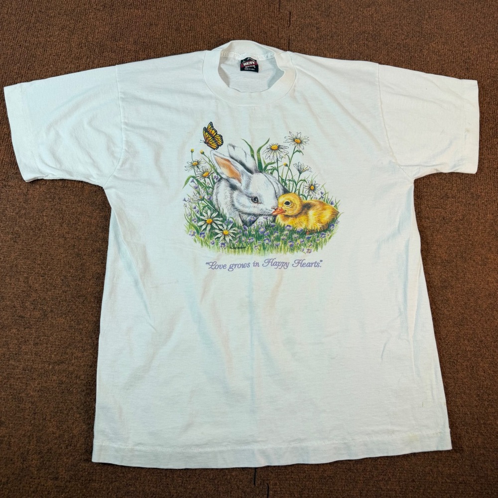 A- Vintage Best Fruit of the Loom Bunny Duckling Graphic T-Shirt White Large USA